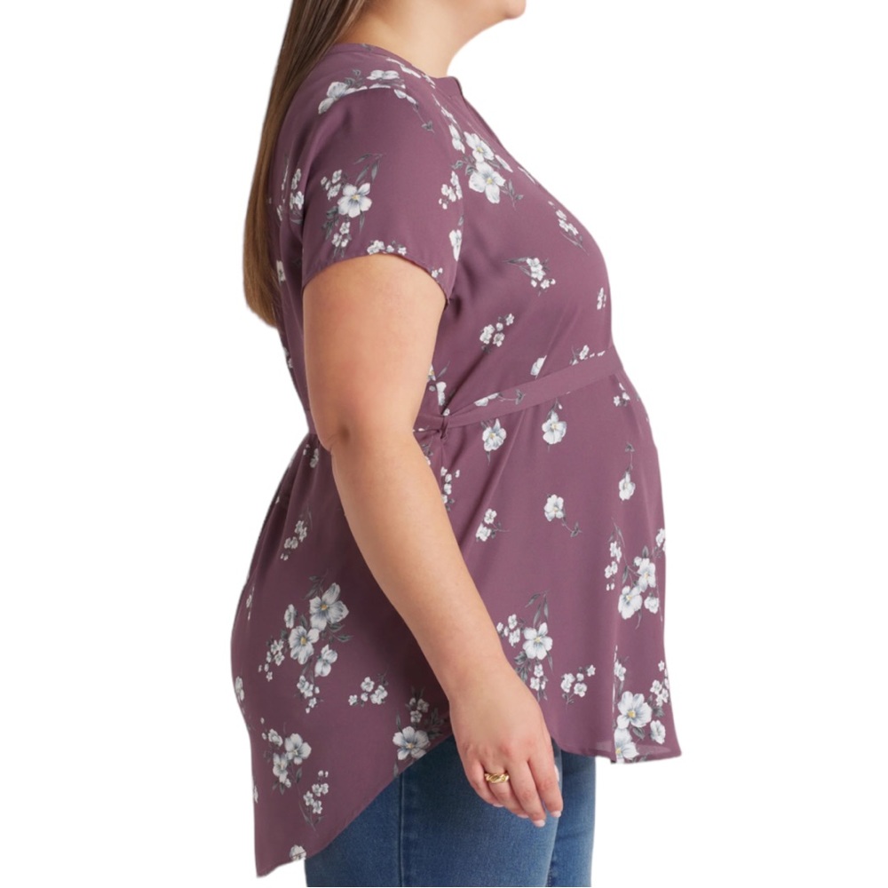 Full Moon Segura Short Sleeve Tie Waist Maternity Blouse Light Purple Floral 2X - Picture 3 of 13